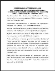 Transport fares to go up press release