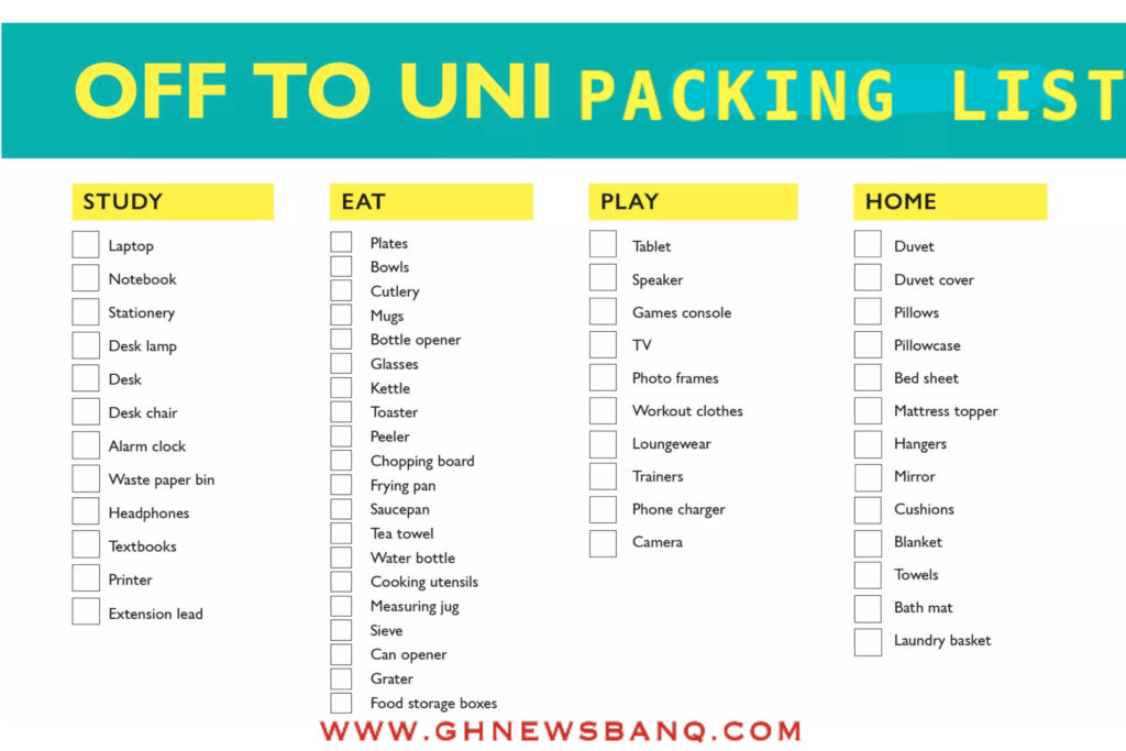 List of Items to Take to the University - Packing List